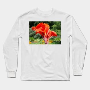 Red Canna Lilly Flower in Summer Garden Long Sleeve T-Shirt